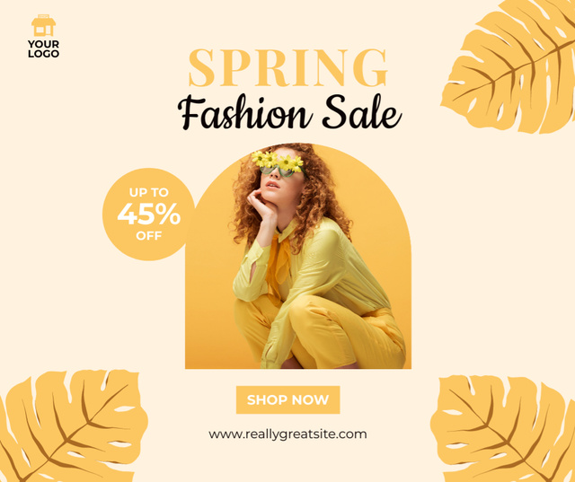 Spring Sale with Young Woman in Yellow Facebook Design Template