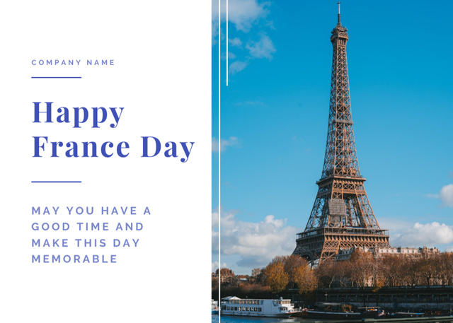 French National Day Celebration Announcement with View of Eiffel Tower Postcard 5x7in Design Template