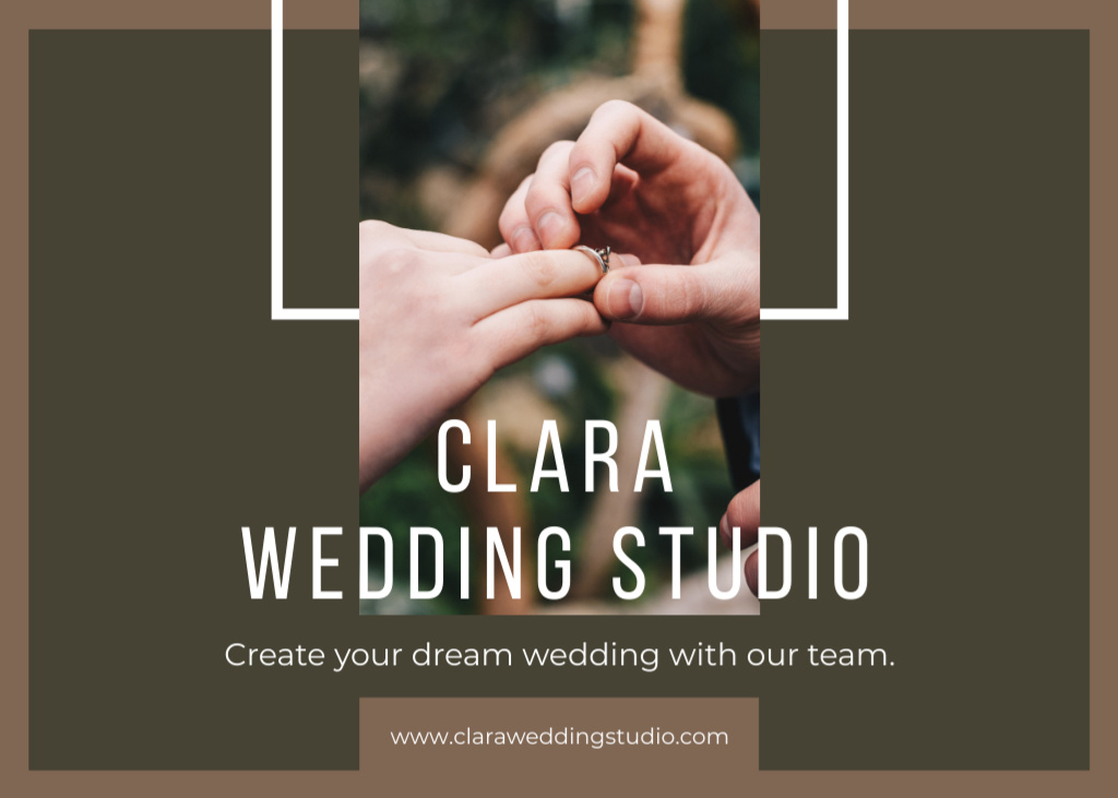 Ontwerpsjabloon van Postcard 5x7in van Wedding Studio Ad with Groom Putting Ring Bride's Finger
