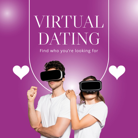Virtual Reality Dating Ad with Couple in VR Glasses and Hearts Instagram Design Template