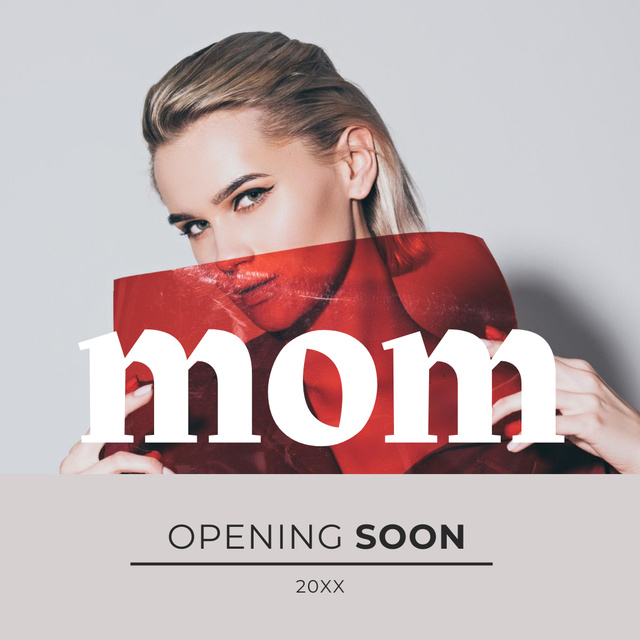Store Opening Announcement With Model Posing Holding Red Rectangle Instagram Design Template