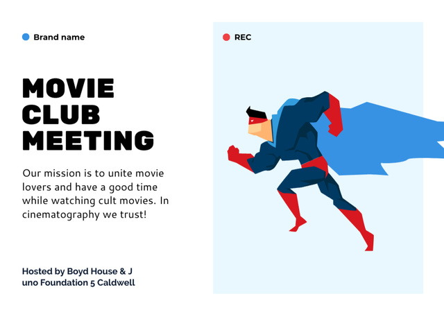 Plantilla de diseño de Movie Club Meeting Man In Superhero Costume Illustration Postcard 5x7in 