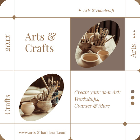 Pottery Workshop Ad with Ceramic Bowls and Tools Instagram Design Template