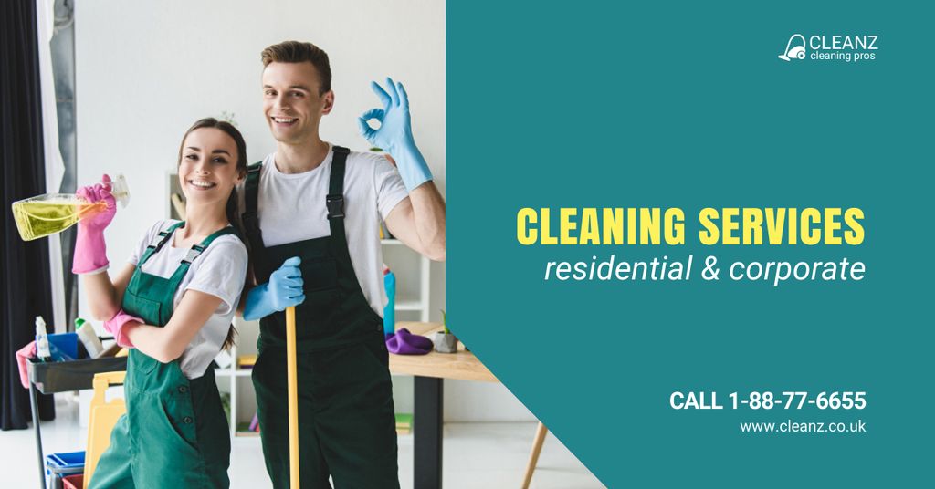 Highly Professional Cleaning Services Ad with Smiling Team Facebook AD Modelo de Design