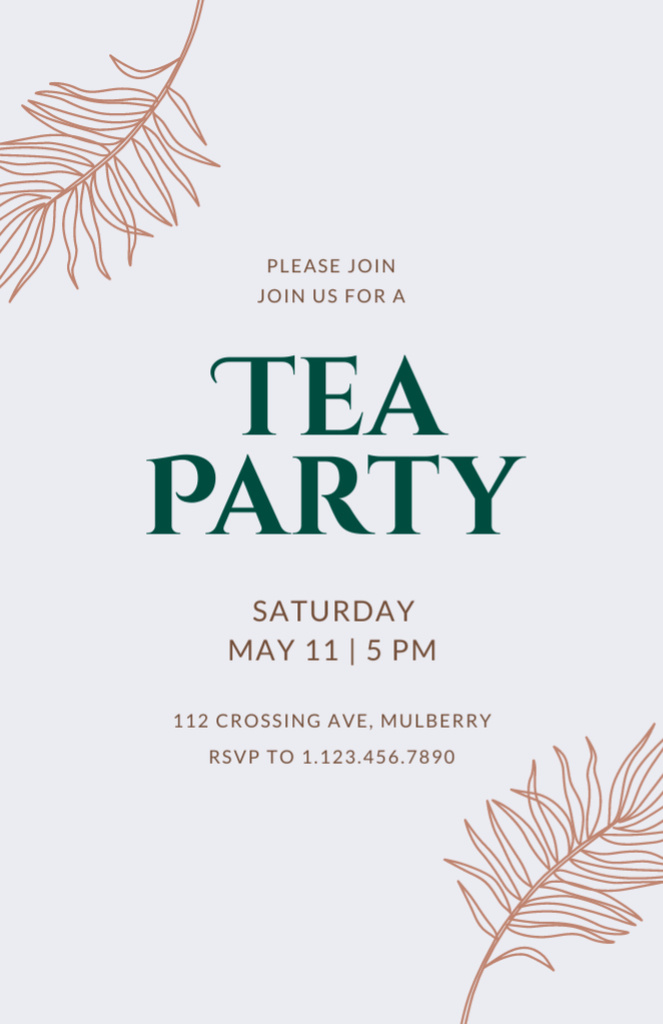 Tea Party Announcement With Twigson Grey Invitation 5.5x8.5in Design Template