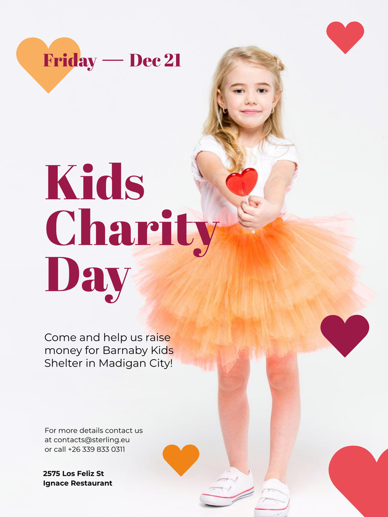 Kids Charity Day with Girl with Heart Candy Poster US Design Template