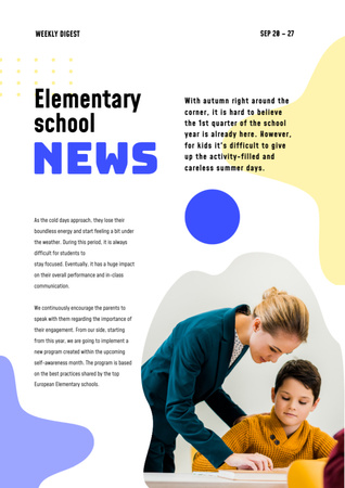 Ontwerpsjabloon van Newsletter van Basisschoolnieuws met leraar en leerling