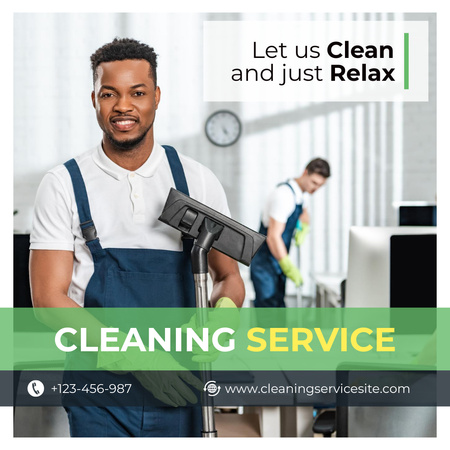 Siivouspalvelutarjous, jossa hymyilevä mies univormussa Instagram AD Design Template