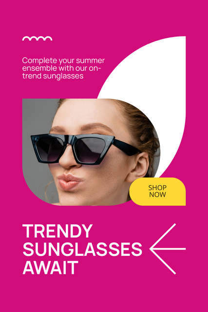 Beautiful Young Woman in Sunglasses with Trendy Frames Pinterest Tasarım Şablonu
