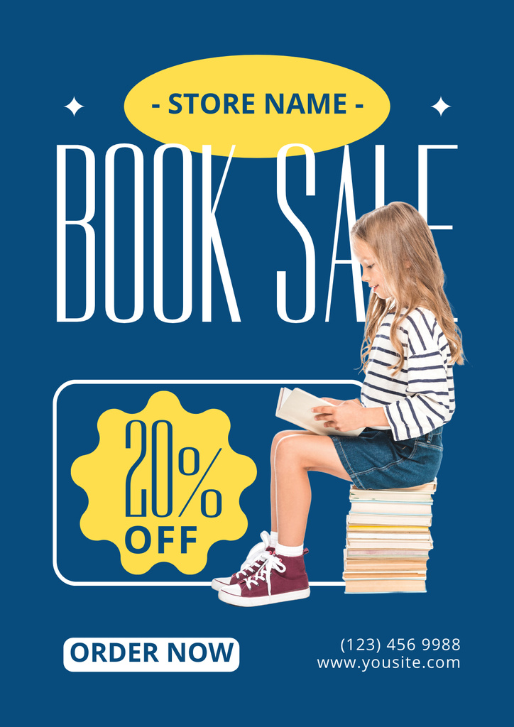 Bookstore Sale Ad with Little Reading Girl Poster Tasarım Şablonu