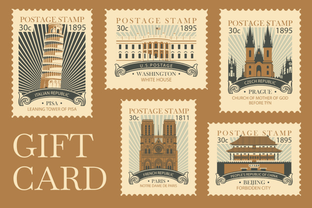Travel Voucher with Vintage Postal Stamps on Brown Gift Certificate tervezősablon