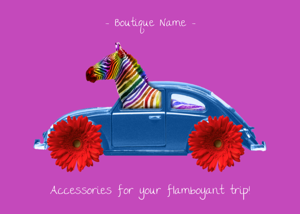 Platilla de diseño Funny Illustration of Zebra in Car in Purple Postcard 5x7in