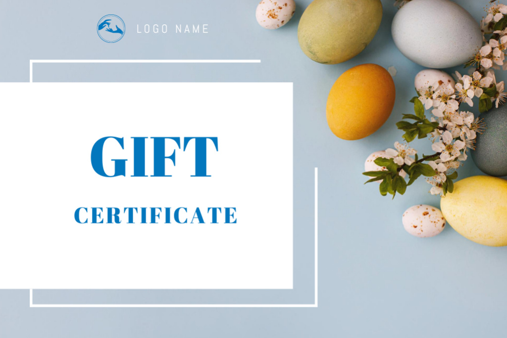 Colorful Easter Eggs with Cherry Blossom Branch on Blue Gift Certificate Šablona návrhu