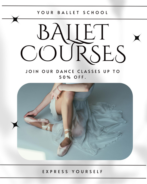 Ad of Ballet Courses with Ballerina in Pointe Shoes Instagram Post Vertical Modelo de Design