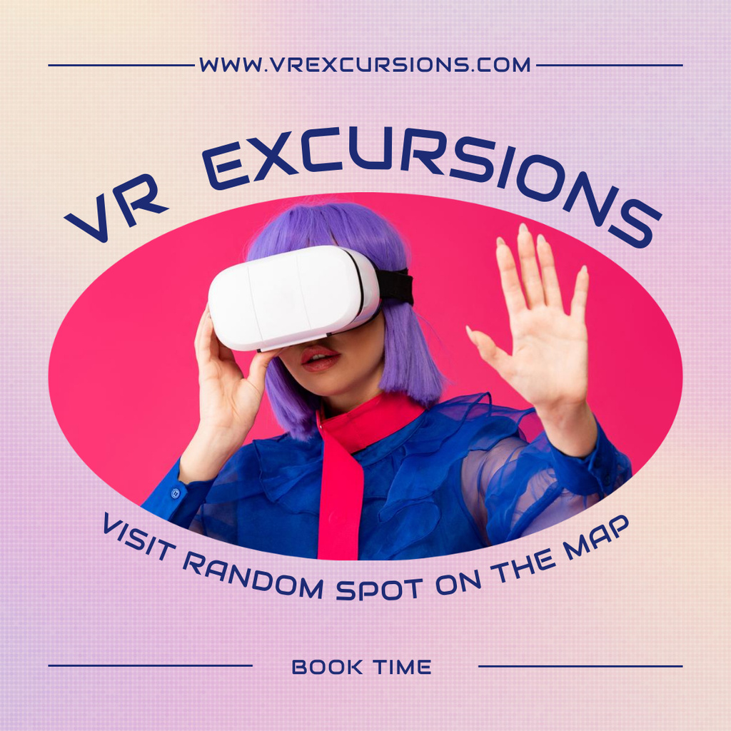 Virtual Reality Excursion Ad with Woman in VR Glasses Instagram tervezősablon