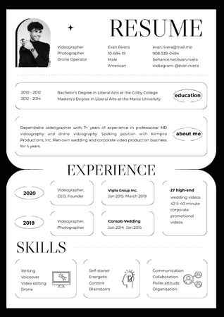 Template di design Videographer skills and experience Resume
