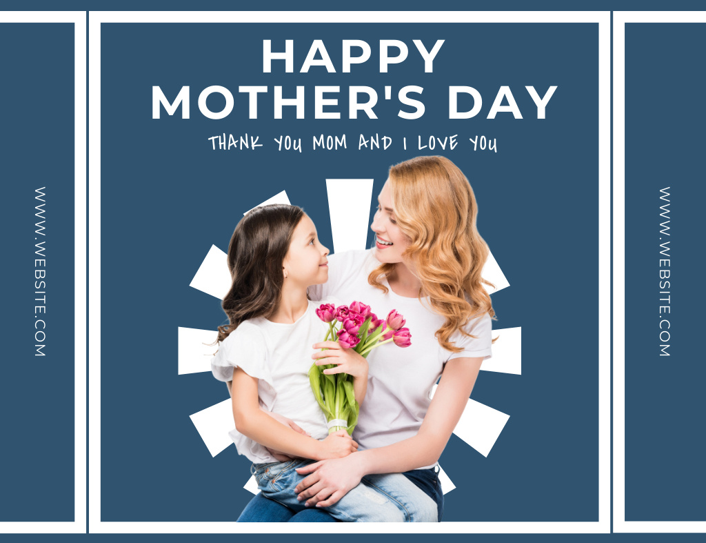 Mother's Day Greeting with Mom and Daughter on Blue Thank You Card 5.5x4in Horizontal Design Template