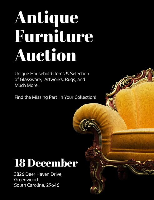 Historical Furniture Auction Ad with Luxury Yellow Armchair Flyer 8.5x11in Tasarım Şablonu