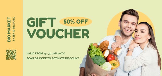 Couple with Grocery Bag for Food Store Ad Coupon Din Large Design Template