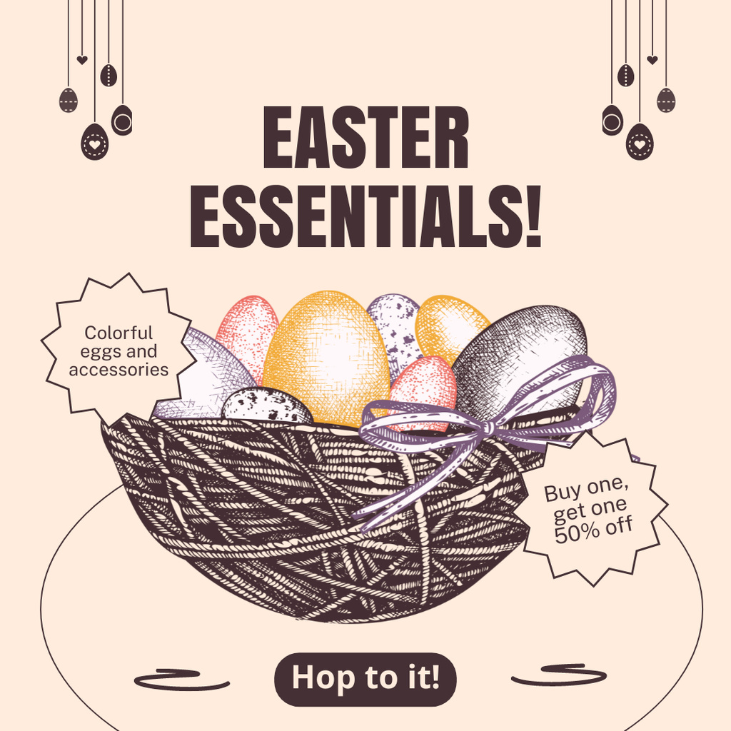 Easter Sale Ad with Cute Nest with Eggs Instagram Tasarım Şablonu
