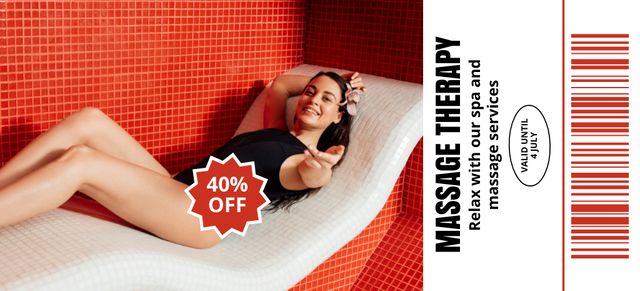 Ontwerpsjabloon van Coupon 3.75x8.25in van Massage Services Promotion with Smiling Young Woman at Spa