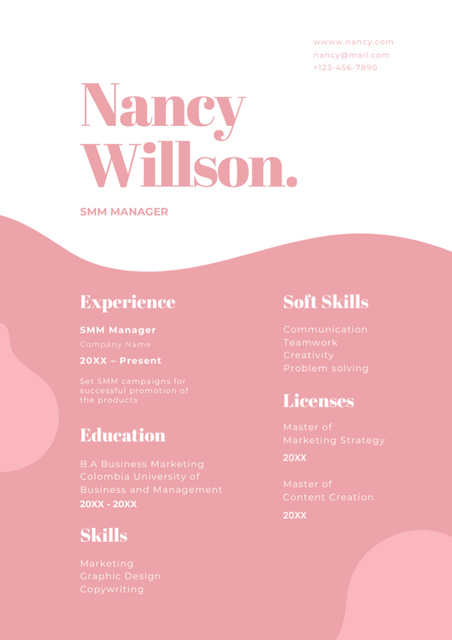 Ontwerpsjabloon van Resume van Skills and Experience in Social Media Marketing on Pink