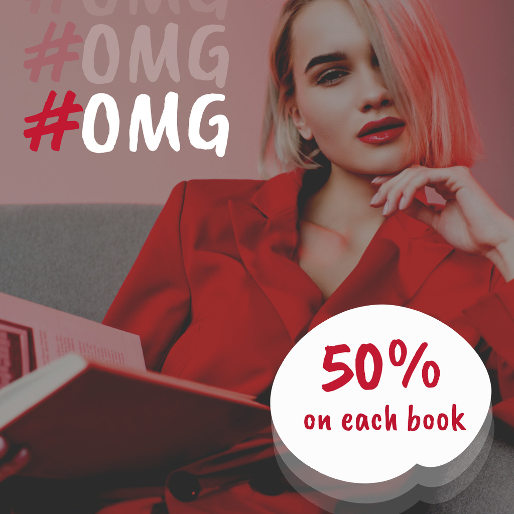 Books Sale Announcement with Glamorous Young Woman Instagram Modelo de Design
