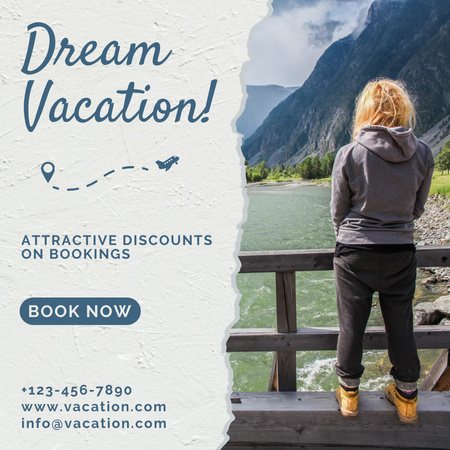 Woman Looking at Mountain River for Booking Service Ad Instagram Design Template