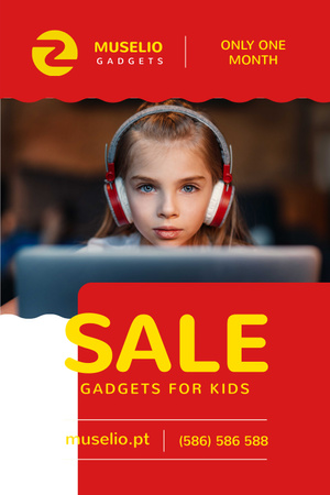 Modèle de visuel Vente de gadgets avec une fille dans les écouteurs en rouge - Pinterest
