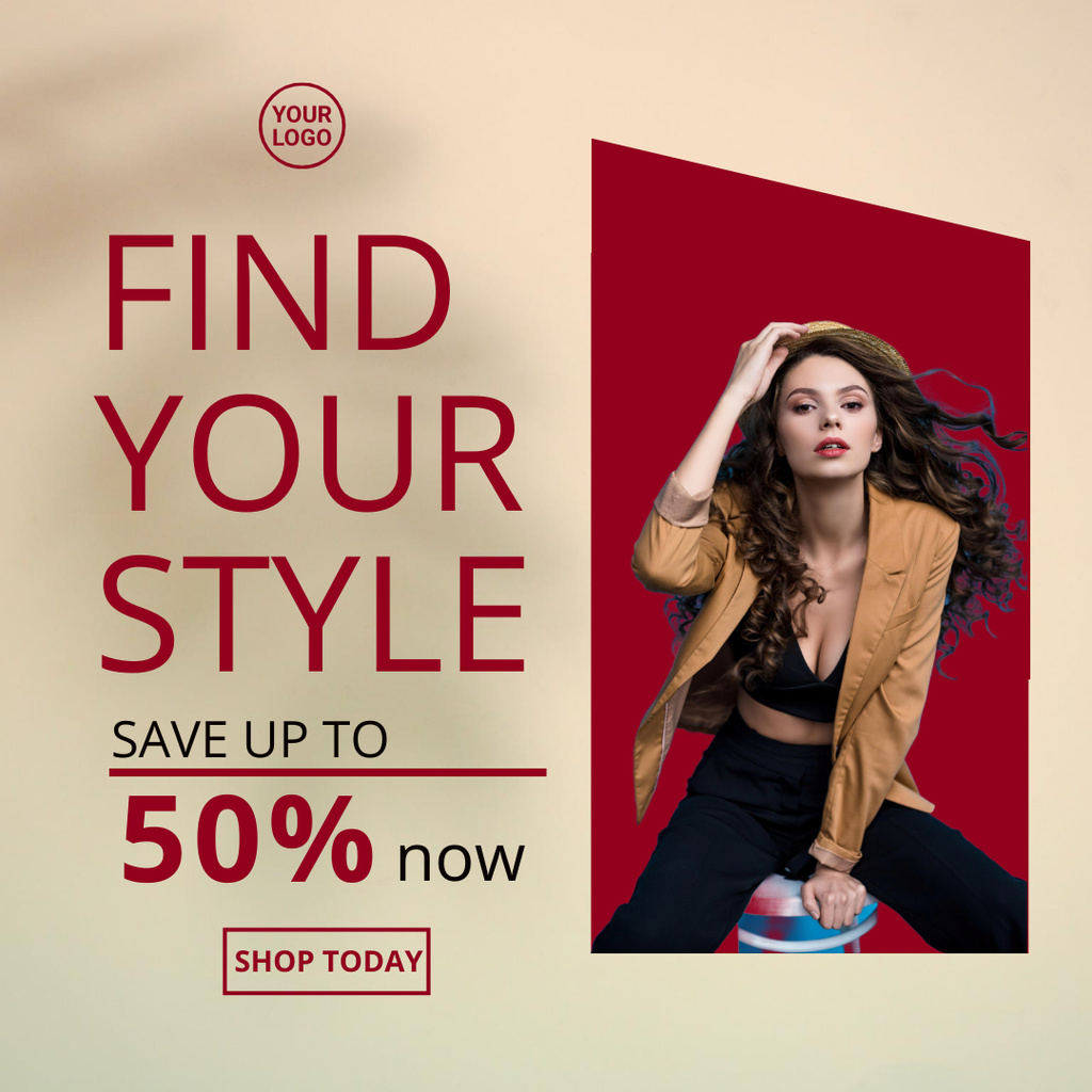 Young Woman in Black Suit for Fashion Sale Ad Instagram Design Template