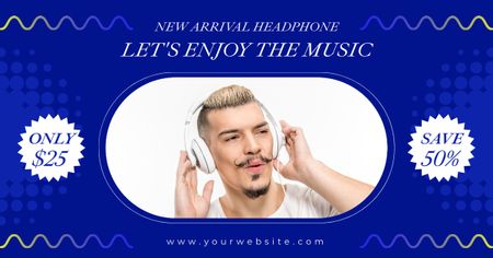 Platilla de diseño Promo of Headphones with Man listening Music Facebook AD