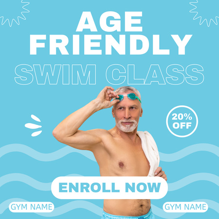 Plantilla de diseño de Clase de natación en gimnasio para personas mayores con descuento Instagram 