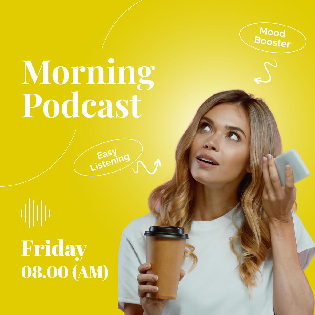 Morning Podcast Ad on Yellow Podcast Cover Tasarım Şablonu