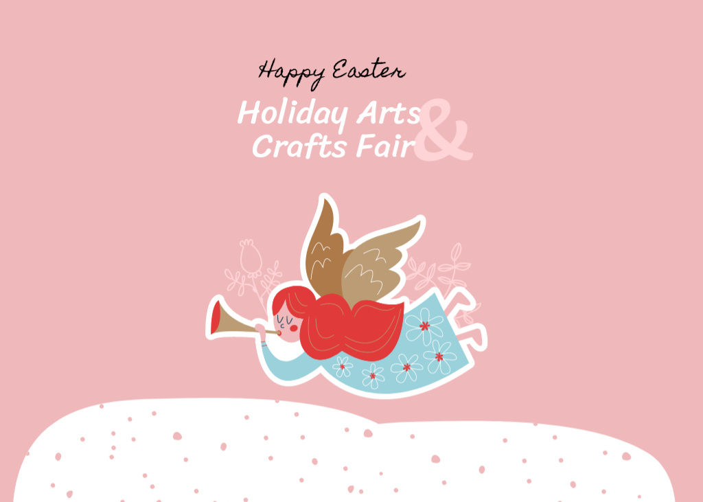 Easter Crafts Fair Ad with Angel Playing Trumpet on Pink Flyer 5x7in Horizontal Design Template