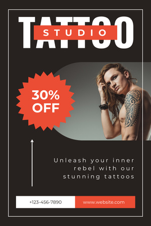 Designvorlage Atemberaubende Tattoos im Studio mit Rabatt in Schwarz für Pinterest