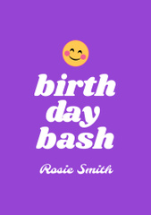 Birthday Party Announcement with Cute Smiley Face on Purple