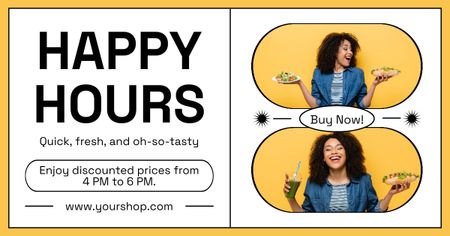 Designvorlage Happy Hours-Werbung mit Frau, die Essen in der Hand hält für Facebook AD