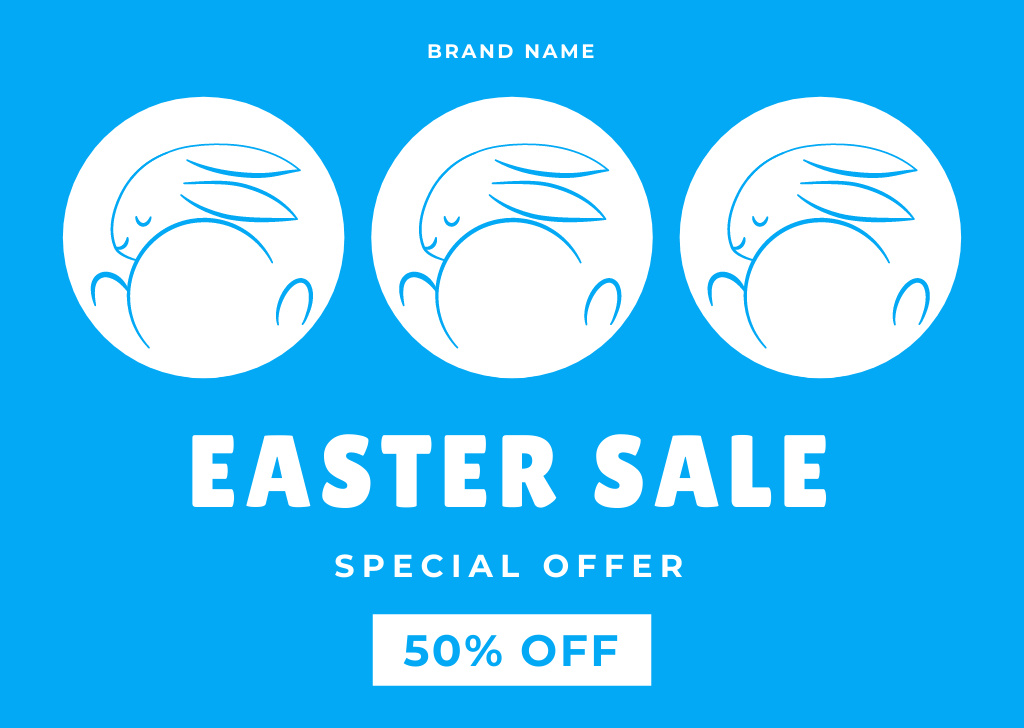 Easter Sale Announcement with Rabbits Sketch on Blue Card Design Template