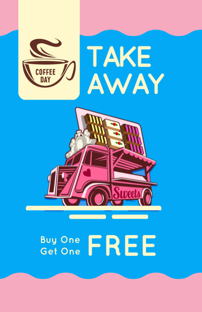 Ontwerpsjabloon van Flyer 5.5x8.5in van Van with Coffee to-go Offer with Bright Illustration