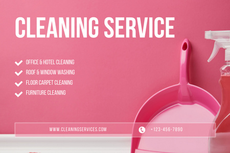 Designvorlage Cleaning Services List Ad with Supplies in Pink für Flyer 4x6in Horizontal