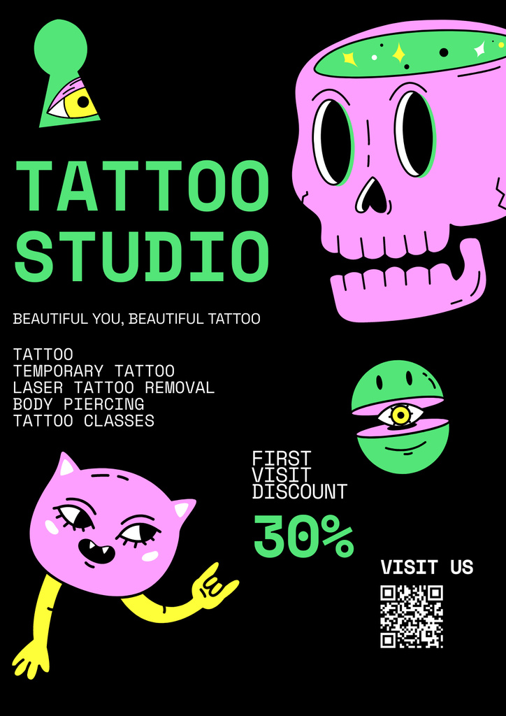 Several Styles Of Tattoos And Piercing In Studio With Discount Posterデザインテンプレート
