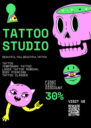 Several Styles Of Tattoos And Piercing In Studio With Discount Poster Design Template