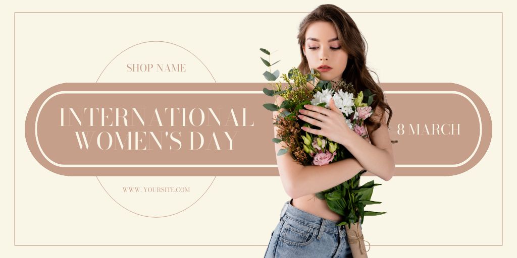 Ontwerpsjabloon van Twitter van International Women's Day Announcement with Woman holding Flowers