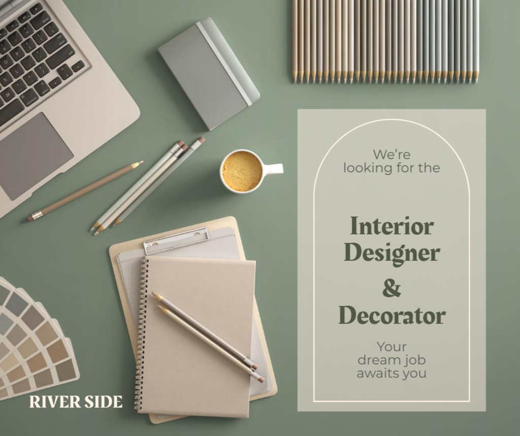 Interior Designer Vacancy Offer with Laptop on Table Facebookデザインテンプレート
