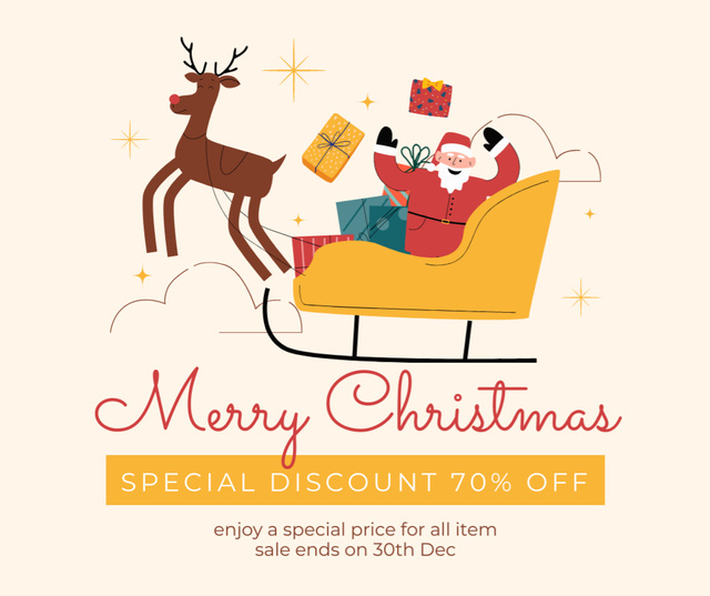 Christmas Discount Santa in Sleigh Throwing Presents Facebookデザインテンプレート