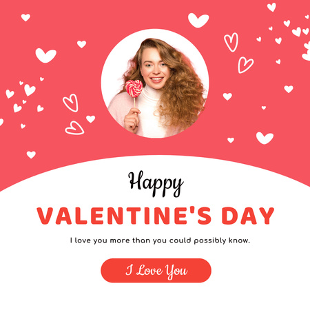 Happy Valentine's Day Greetings with Cute Young Woman Instagram AD Design Template