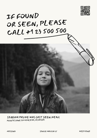Ontwerpsjabloon van Poster van Aankondiging van het missen van een meisje op zwart-wit