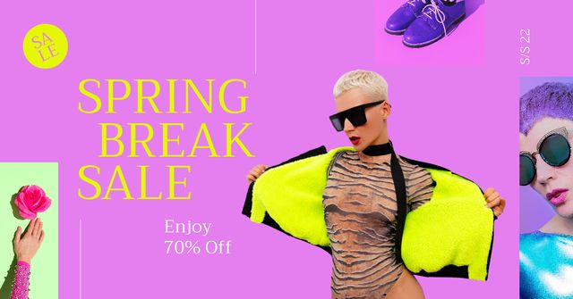 Spring Fashion Sale Announcement with People in Bright Outfits Facebook AD Modelo de Design