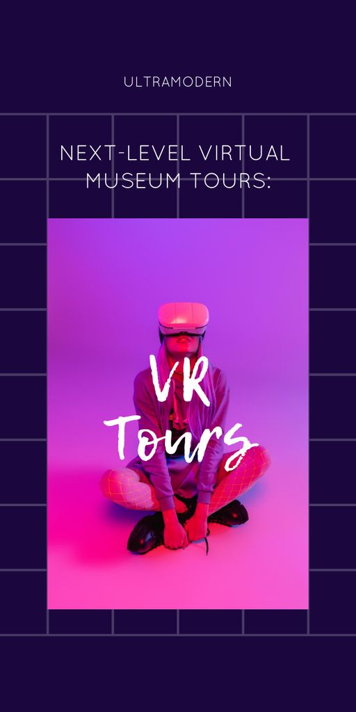 Virtual Museum Tour Announcement with Woman on Blue Graphic Šablona návrhu