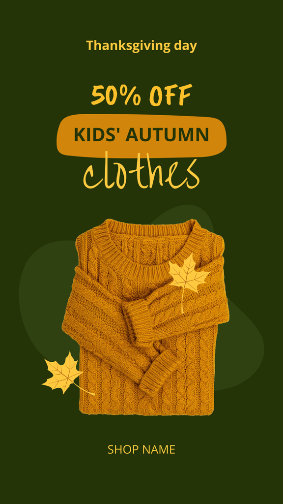 Thanksgiving Sale of Kids' Autumn Clothes with Discount Instagram Story Modelo de Design